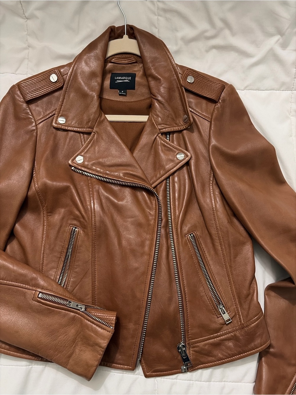 Lamarque Cognac Leather Moto Jacket Size M Buttery Soft